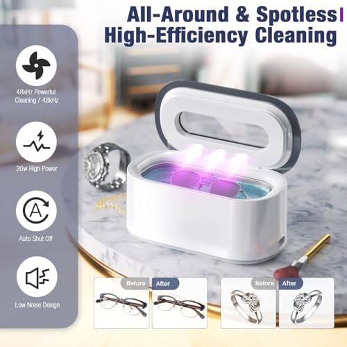 48KHz Portable Ultrasonic Jewelry Cleaner 30W Digital Timer 12OZ Perfect for Eyeglasses Rings Necklaces Dentures