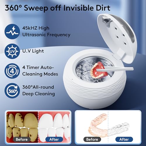 45kHZ Ultrasonic Retainer Cleaner, 200ML Portable Denture Cleaner (White)