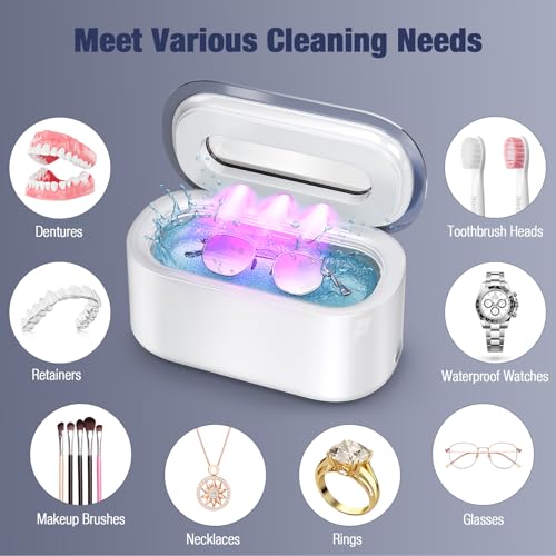 48KHz Portable Ultrasonic Jewelry Cleaner 30W Digital Timer 12OZ Perfect for Eyeglasses Rings Necklaces Dentures